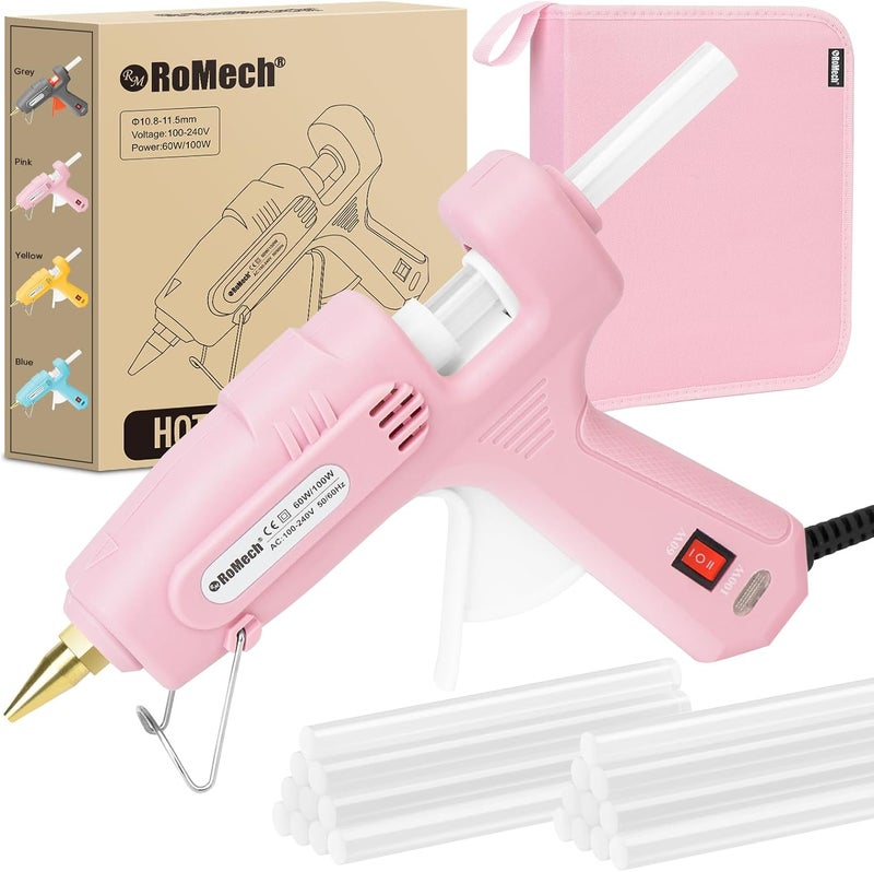 ROMECH Full Size Hot Glue Gun with 60/100W Dual Power and 21 Hot Glue Sticks (7/16"), Fast Preheating Heavy Duty Industrial Gluegun with Storage Case for Crafting, DIY and Repairs (Pink) - Image 1